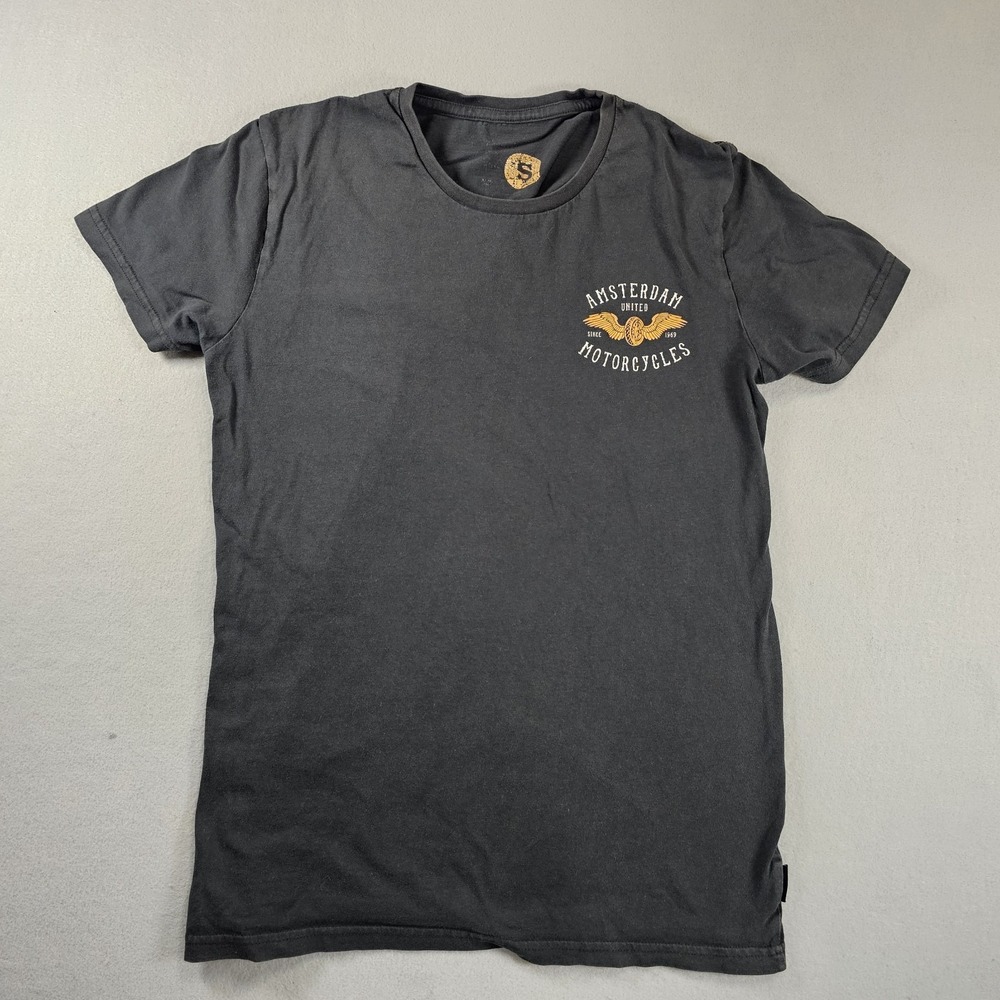Amsterdam United Motorcycles Since 1969 Mens Small Black Double Sided Biker Tee